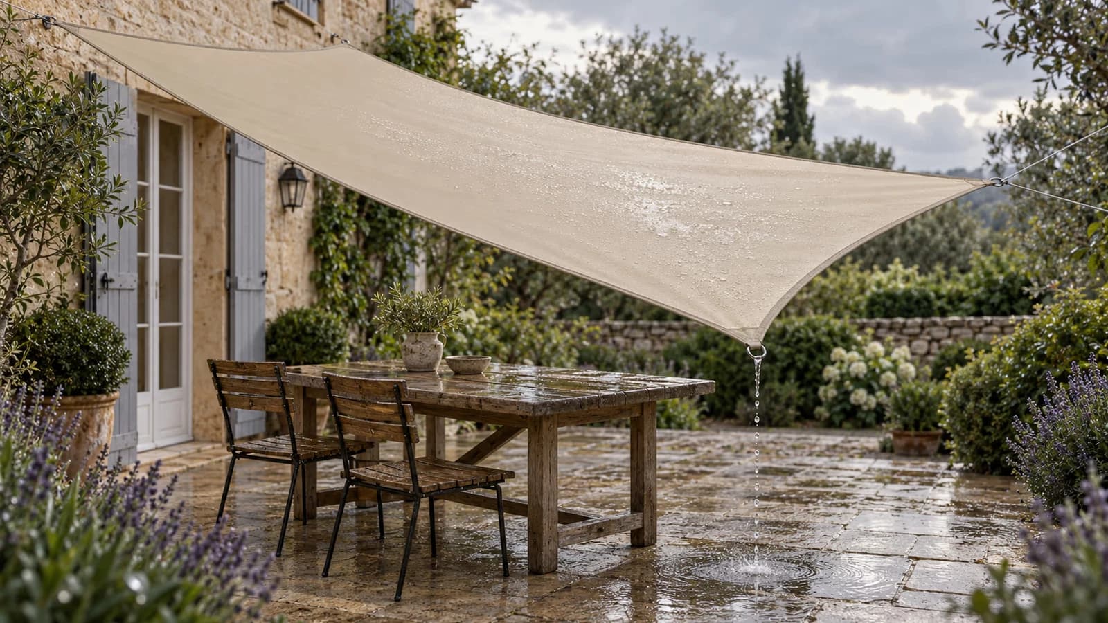 Voile d'ombrage beige tendue au-dessus d'une table de terrasse après l'averse, gouttes tombant d'un coin plus bas sur la dalle
