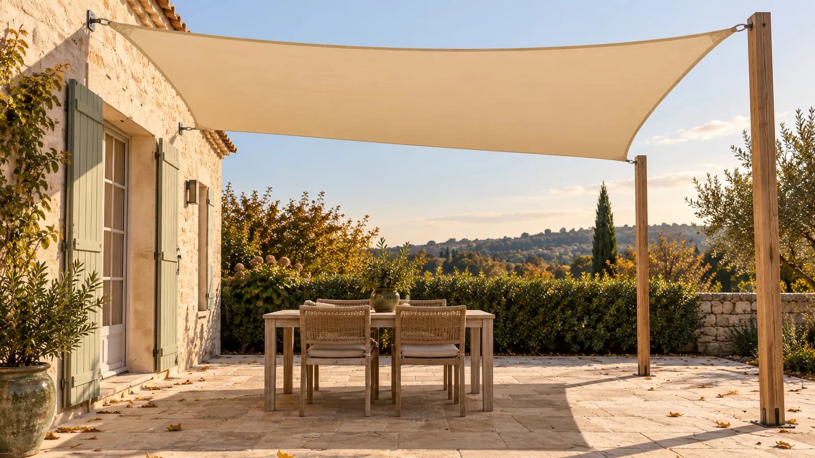 Voile d'ombrage rectangulaire beige tendue au-dessus d'une terrasse dallée, entre une façade claire et deux poteaux en bois, ombre portée nette en début d'après-midi