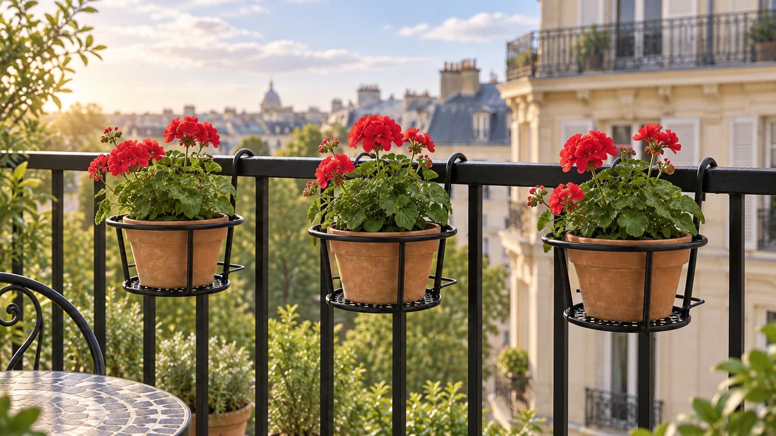 Trois supports métalliques noirs à cheval sur la main courante d'un balcon, trois pots de géraniums rouges alignés, façade claire au matin