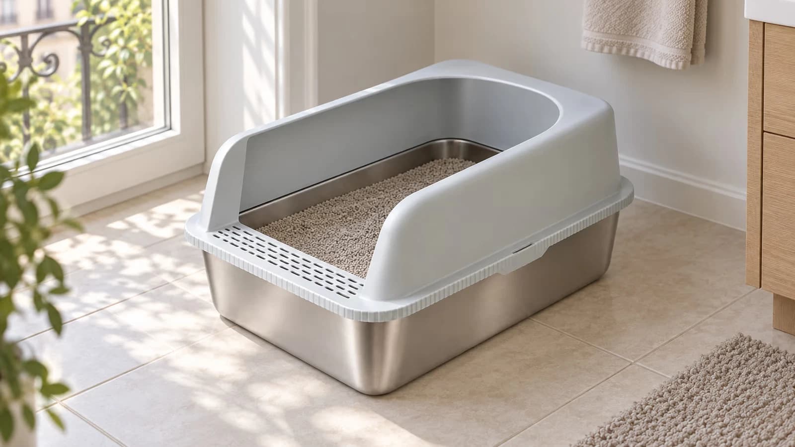 Bac de propreté grand format en acier inoxydable sur carrelage clair, rebord semi-fermé en place, litière au fond