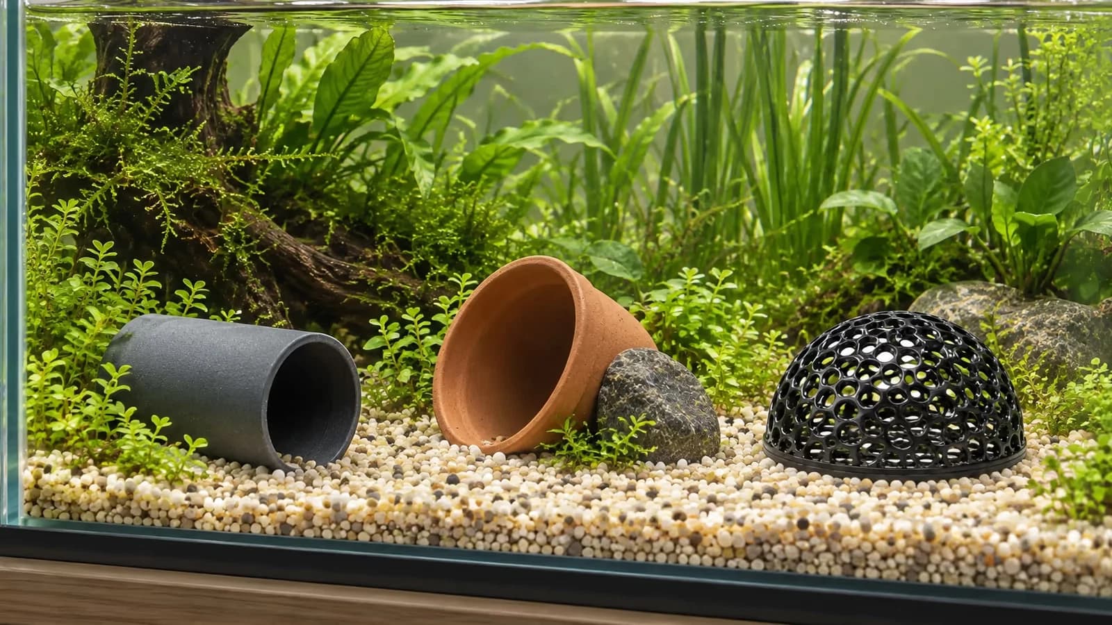 Un bac planté avec, au sol, un tronçon de tube sombre, un pot de terre cuite couché et une demi-sphère noire ajourée