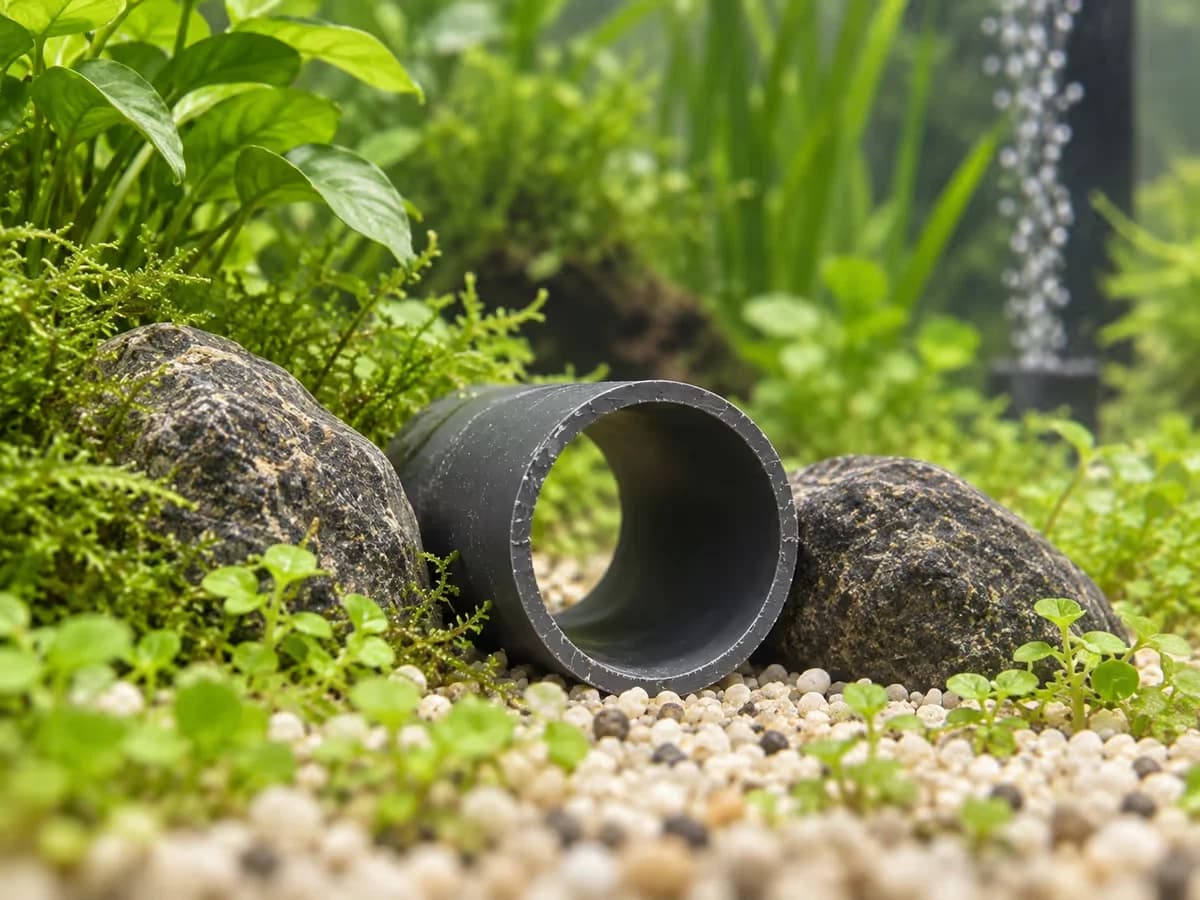 Un tronçon de tube sombre posé sur un gravier fin au fond d'un bac planté, à l'écart du filet de bulles d'une pompe