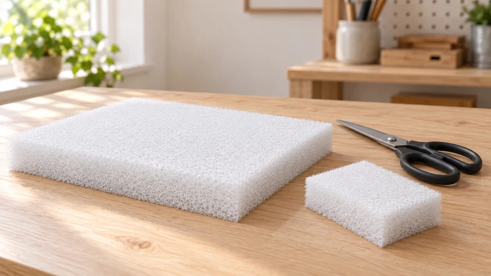 Une plaque de mousse filtrante blanche posée sur un plan de travail, une chute taillée aux ciseaux posée à côté d'elle