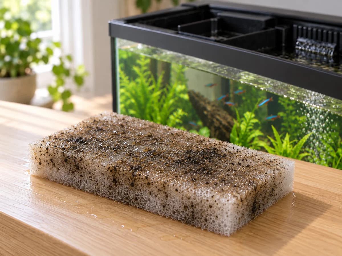 Une plaque de mousse filtrante chargée de dépôts bruns sortie de son compartiment de filtre d'aquarium