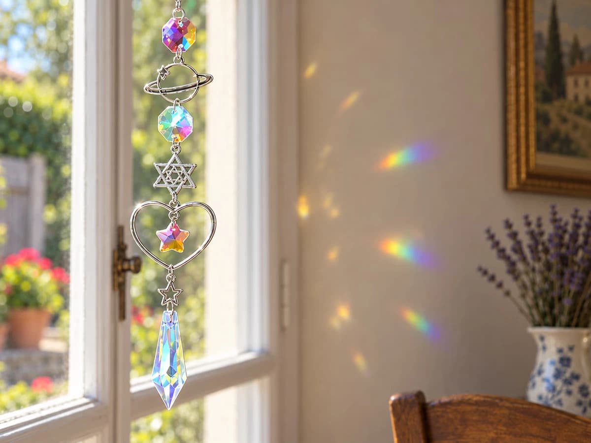 Attrape-soleil en cristal irisé suspendu devant une fenêtre de maison, arcs-en-ciel projetés sur le mur clair