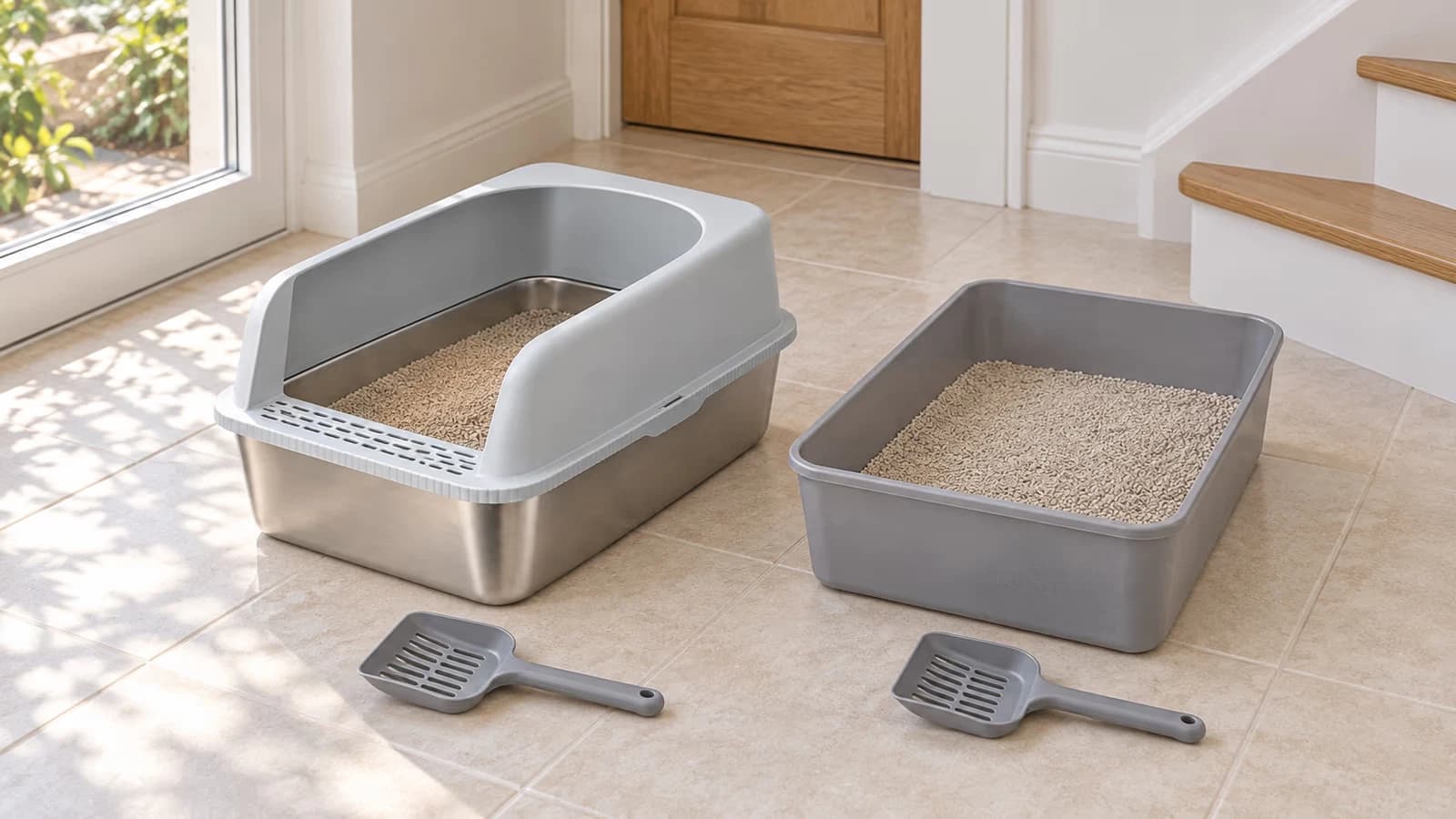 Deux bacs de propreté pour chat posés côte à côte sur un carrelage, l'un en plastique gris, l'autre en acier inoxydable, pelles posées devant