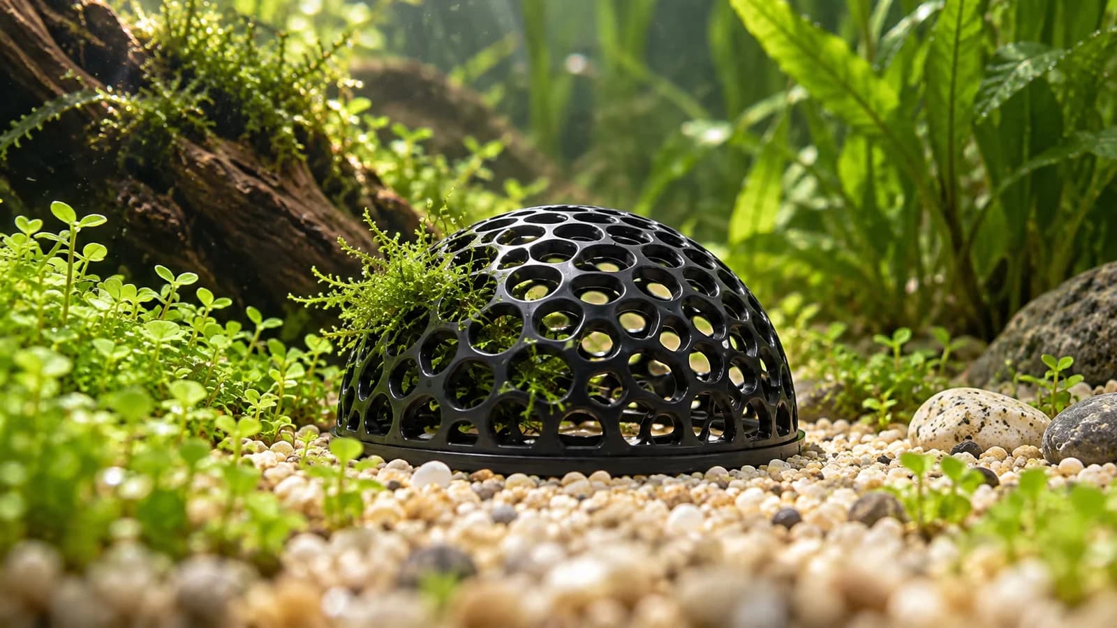 Une demi-sphère noire ajourée posée sur son disque plat au fond d'un bac d'eau douce planté, sous une lumière vive