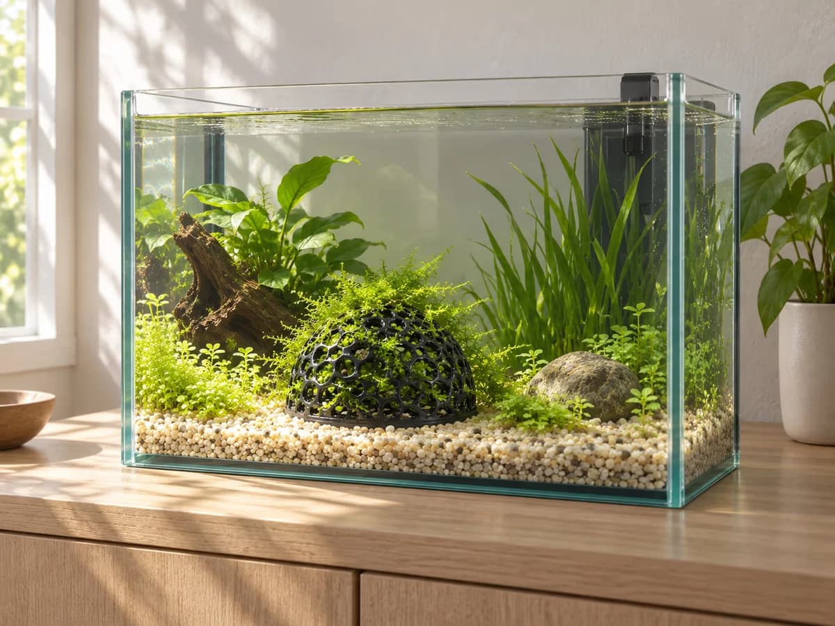 Un bac d'eau douce planté posé près d'une fenêtre en été, lumière vive sur la face éclairée d'une cabane ajourée