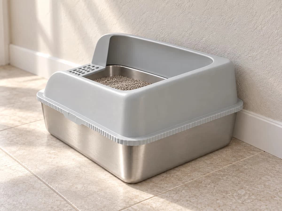 Vue arrière d'un bac de propreté en inox grand format placé contre une plinthe, le rebord gris affleurant le bas du mur