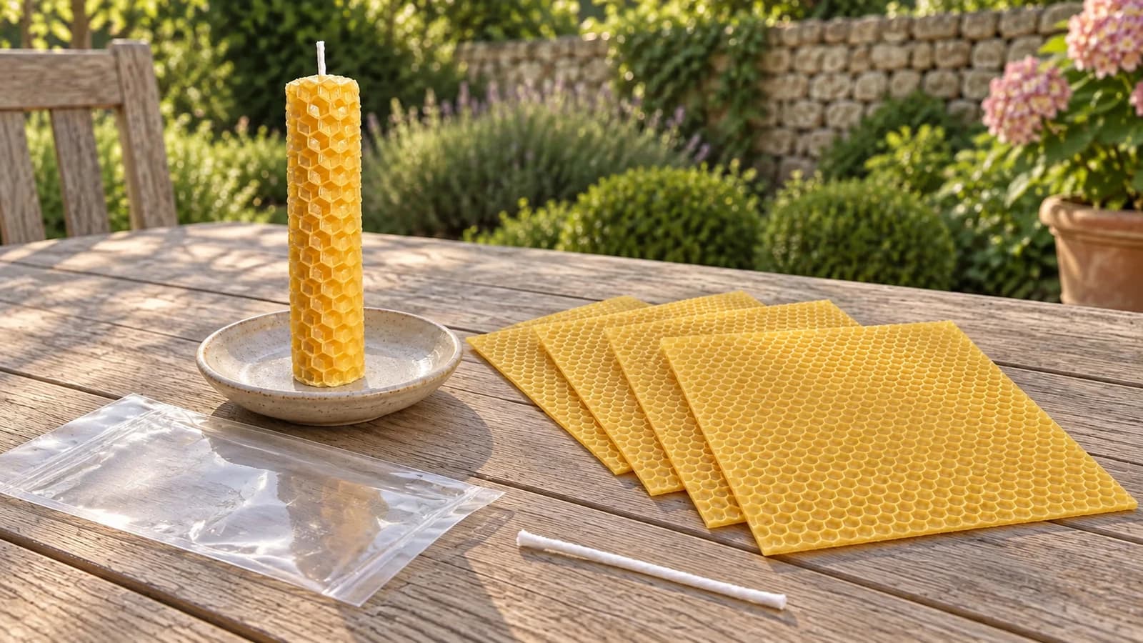 Feuilles de cire gaufrée jaune pâle étalées à plat sur une table claire, une bougie roulée debout contre le sachet ouvert