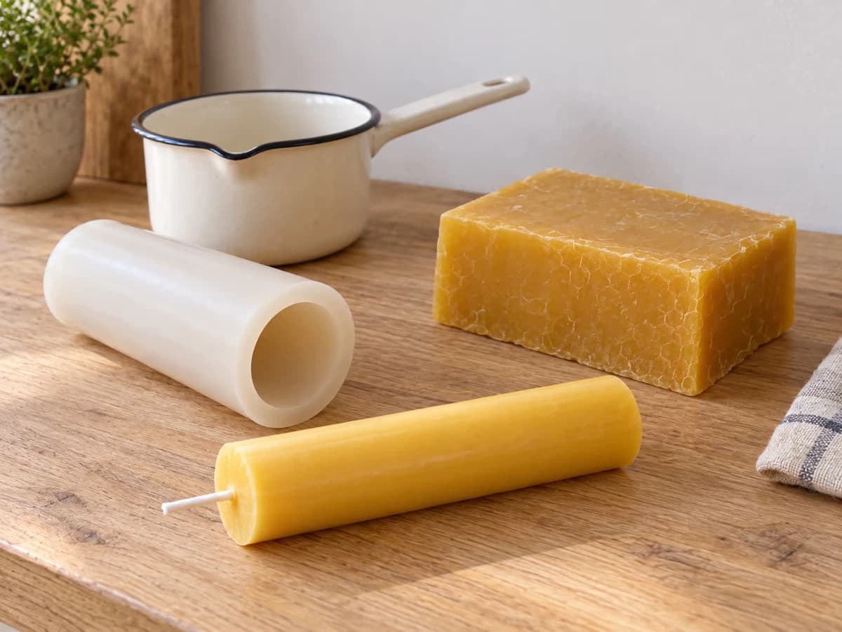 Casserole émaillée et moule souple posés sur une table claire, un pain de cire brute à côté et une pièce moulée tiède posée sur le plan de travail