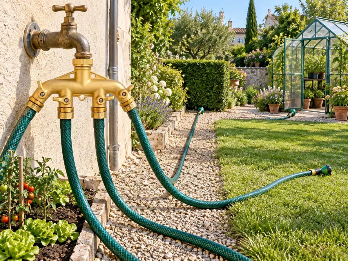 Quatre tuyaux d'arrosage partant d'un même robinet vers un potager, une haie, une serre et une pelouse