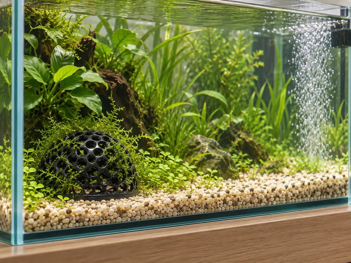 Une demi-sphère noire ajourée dans un angle de bac planté, le filet de bulles du rejet de la pompe visible à l'autre bout