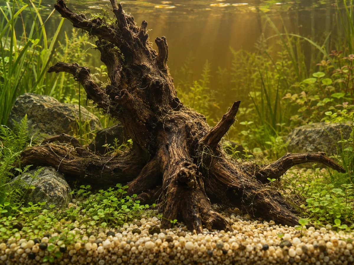 Une racine de bois immergée dans un bac d'eau douce planté, l'eau légèrement ambrée autour d'elle