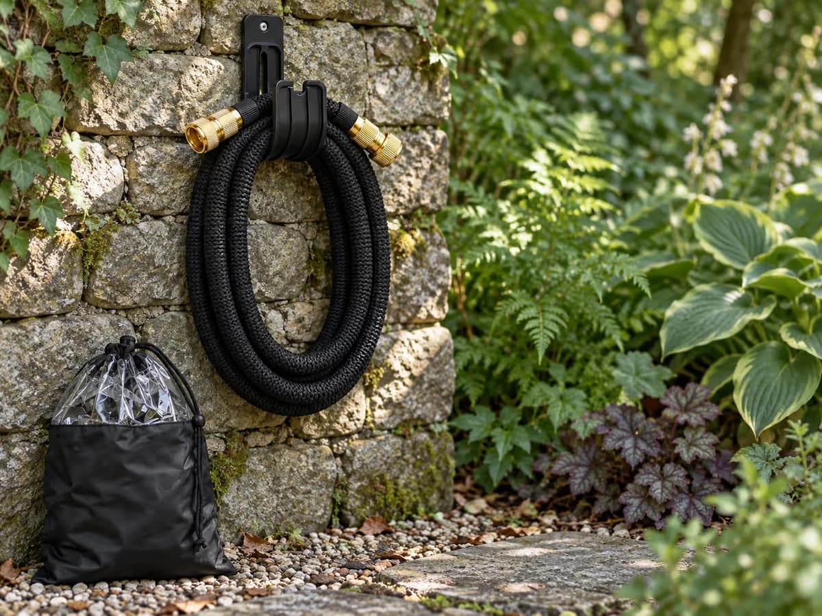 Kit d'arrosage mobile noir suspendu à son crochet contre un mur de pierre ombragé, sac de transport posé au pied, massif de vivaces à droite