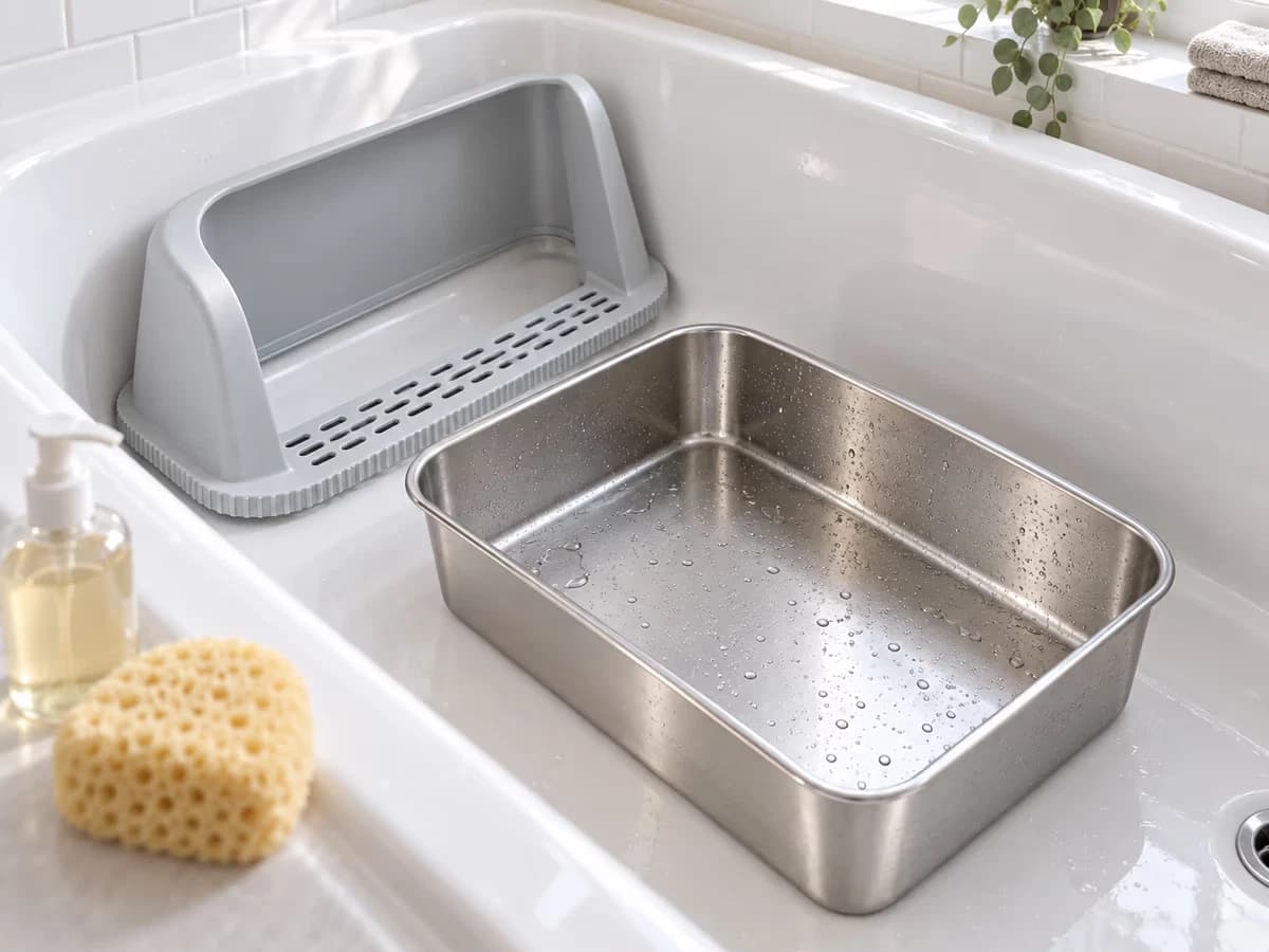 Cuve de bac de propreté en inox posée à plat au fond d'une baignoire blanche, rebord gris posé contre la paroi, éponge souple et flacon de savon doux sur le rebord