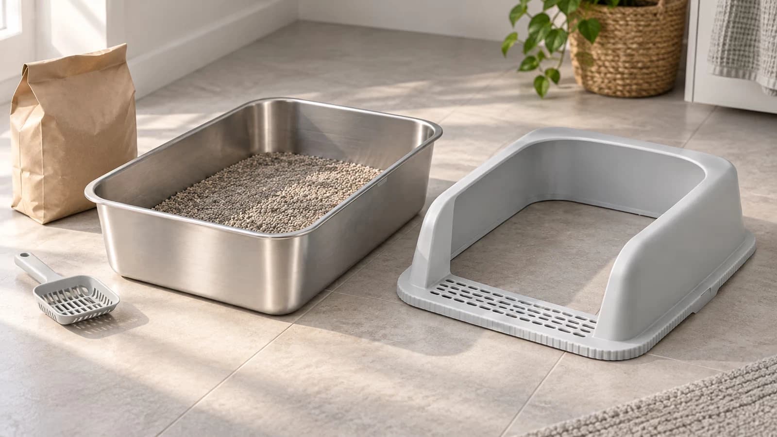 Cuve de bac de propreté en acier inoxydable posée sur un carrelage de salle de bain, rebord gris déposé à côté, pelle et sac de litière en attente