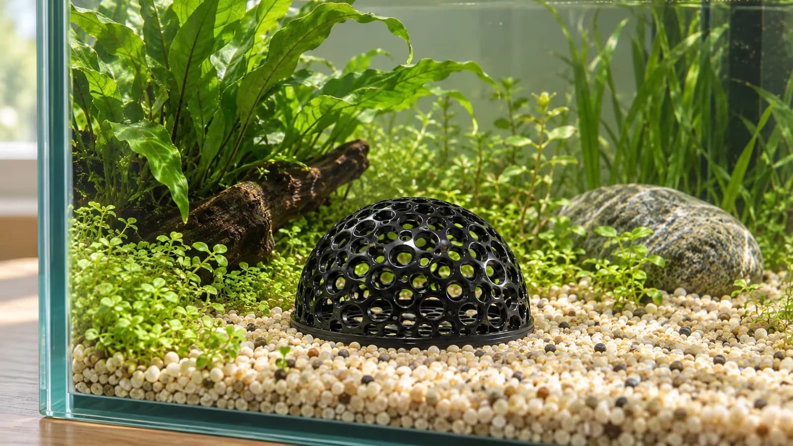 Une demi-sphère noire ajourée posée sur son disque plat dans un angle de bac planté, à l'écart du rejet de la pompe