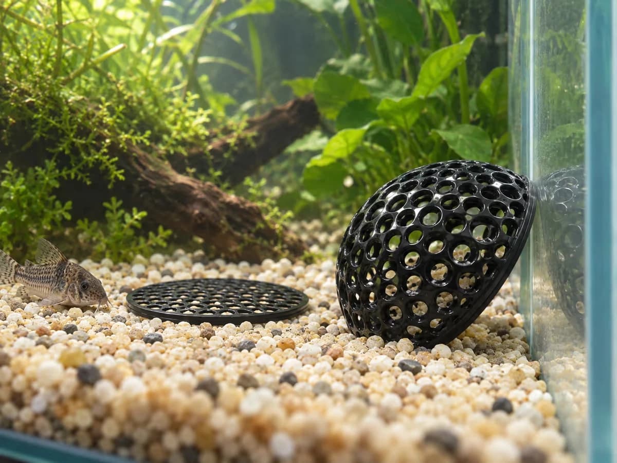 Une demi-sphère ajourée poussée contre la vitre du bac par un poisson de fond, son disque plat resté sur le gravier