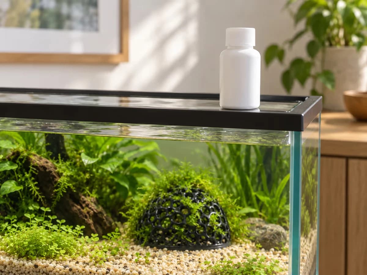 Un flacon de traitement posé sur la galerie d'un bac d'eau douce, la cabane ajourée visible au fond sous la surface