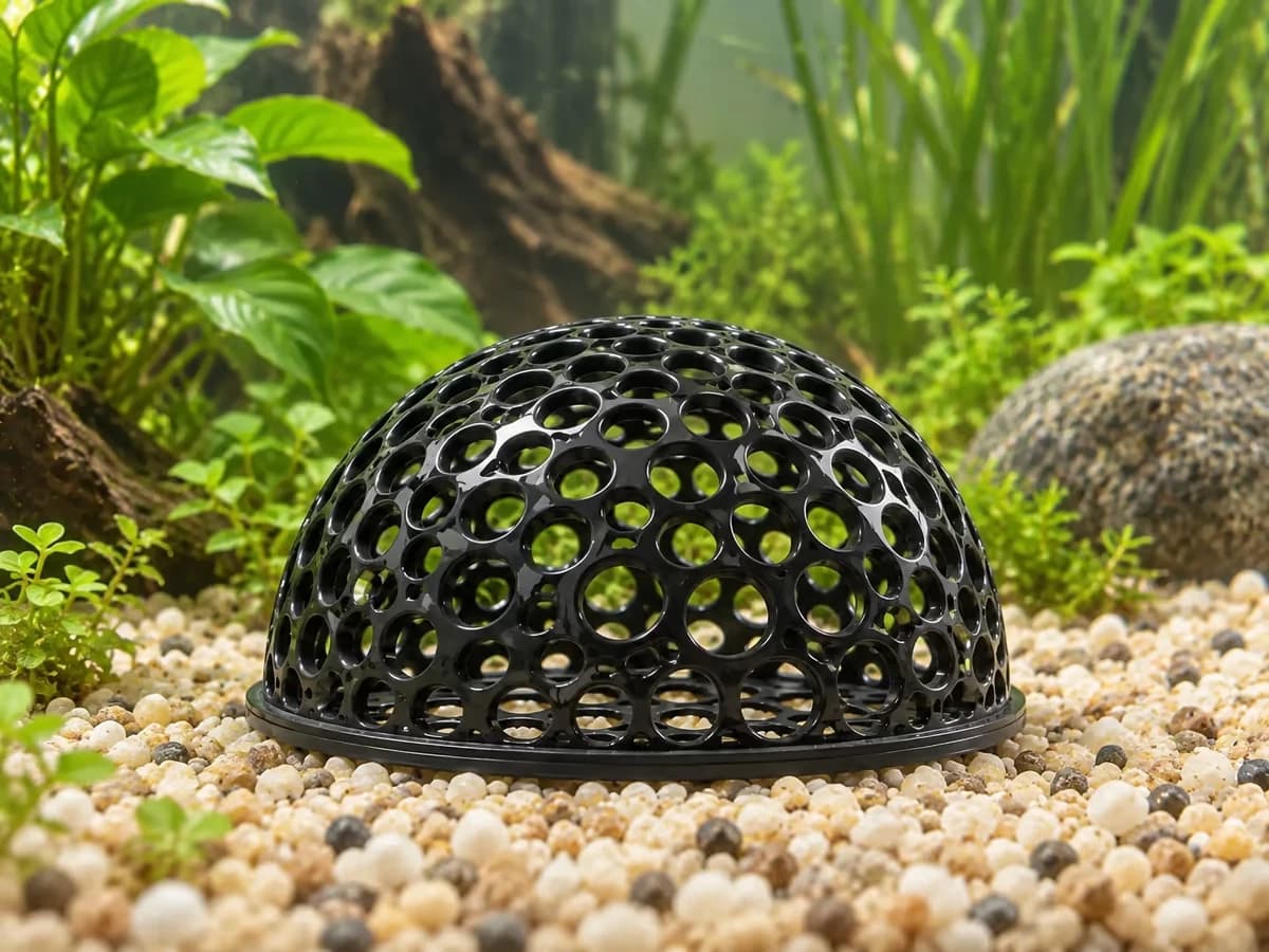 Une demi-sphère noire ajourée posée sur son disque plat, les ouvertures basses dégagées au-dessus du gravier