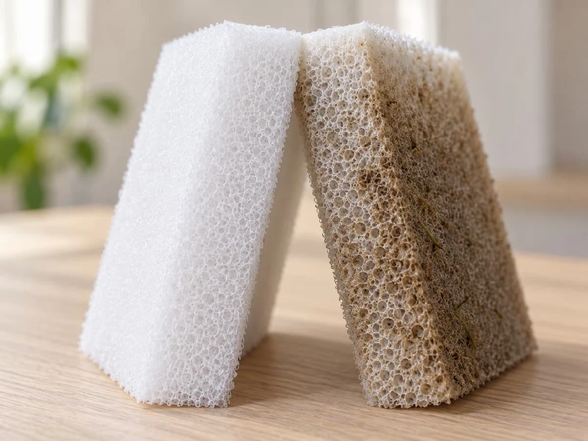 Une plaque de mousse filtrante brunie posée contre une plaque neuve restée blanche, les deux tranches visibles