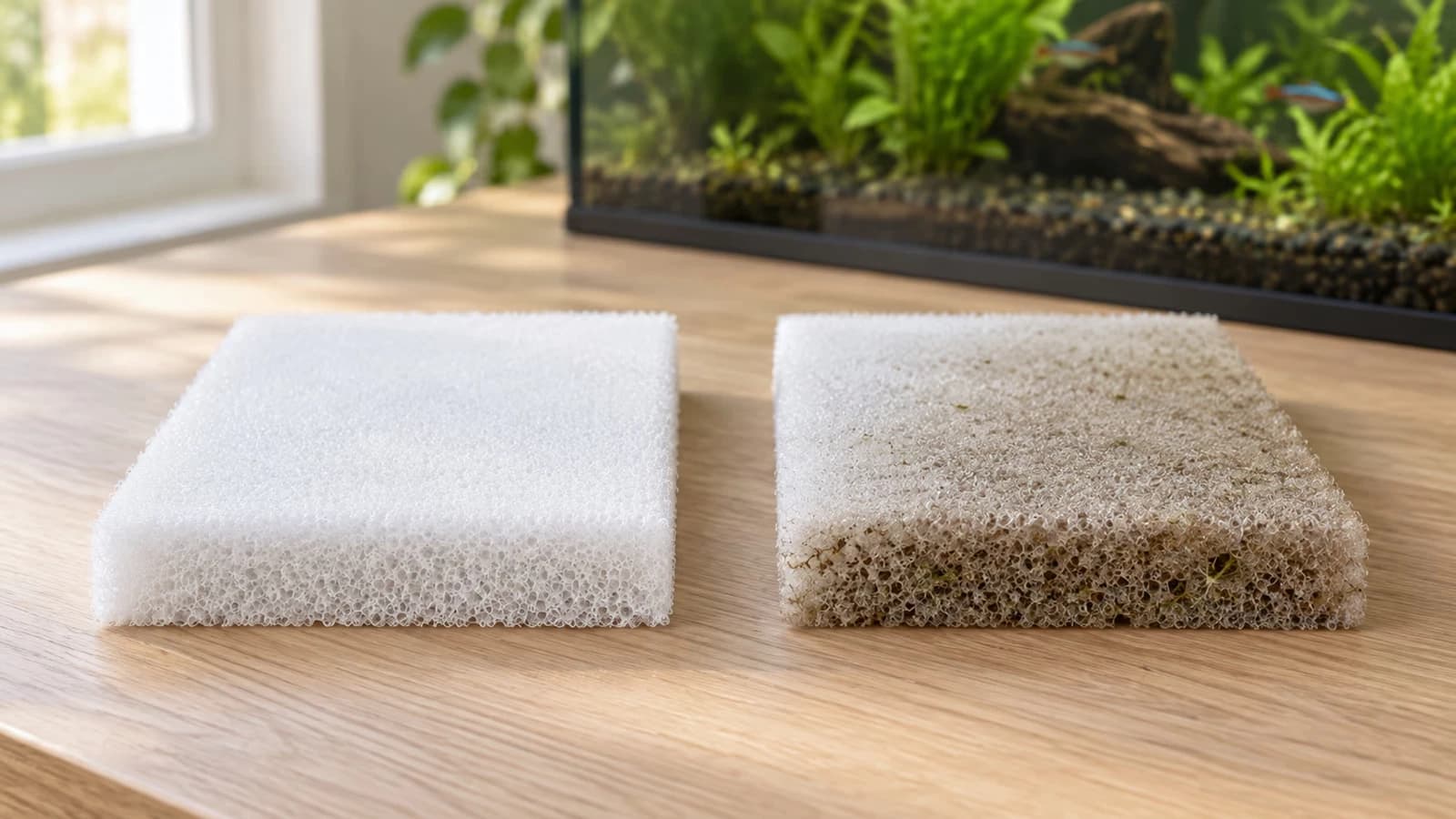 Deux plaques de mousse filtrante sur le plan de travail, une neuve blanche et une brunie après des semaines de service
