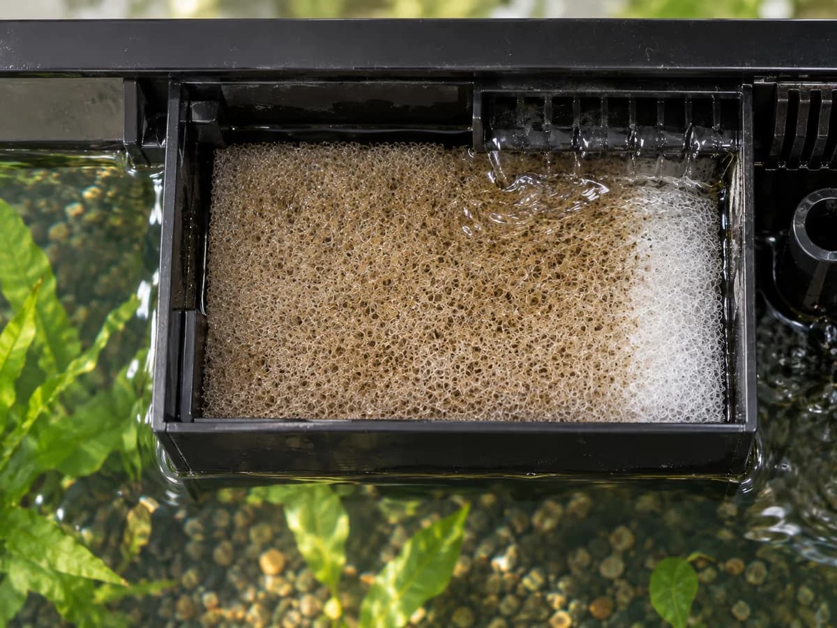 Une plaque de mousse filtrante taillée au format d'un compartiment de filtre, vue de dessus sous un mince filet d'eau