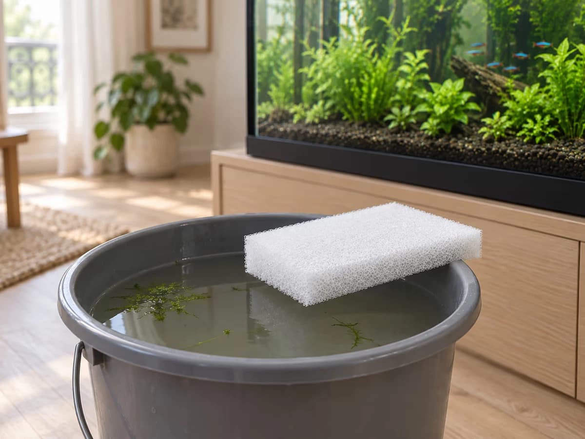 Un seau d'eau légèrement trouble posé au pied d'un aquarium planté, une plaque de mousse filtrante posée en travers du bord