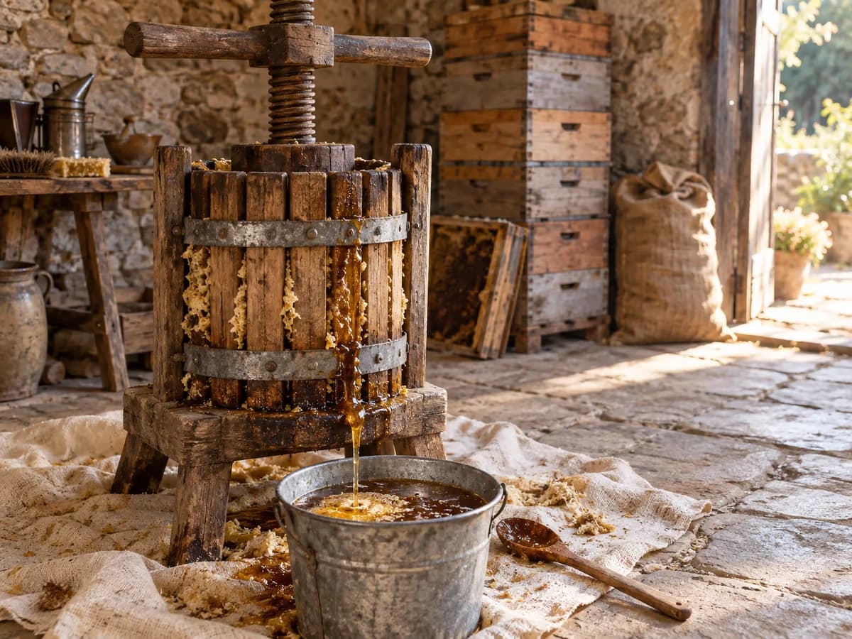 Presse à miel en bois posée sur une toile de filtration, miel épais coulant lentement dans un seau au sol