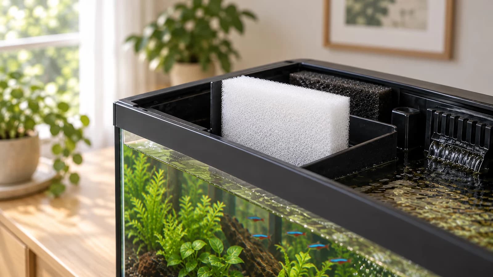 Plaque de mousse blanche taillée posée dans un compartiment de filtre d'aquarium, un jeu visible le long de la paroi