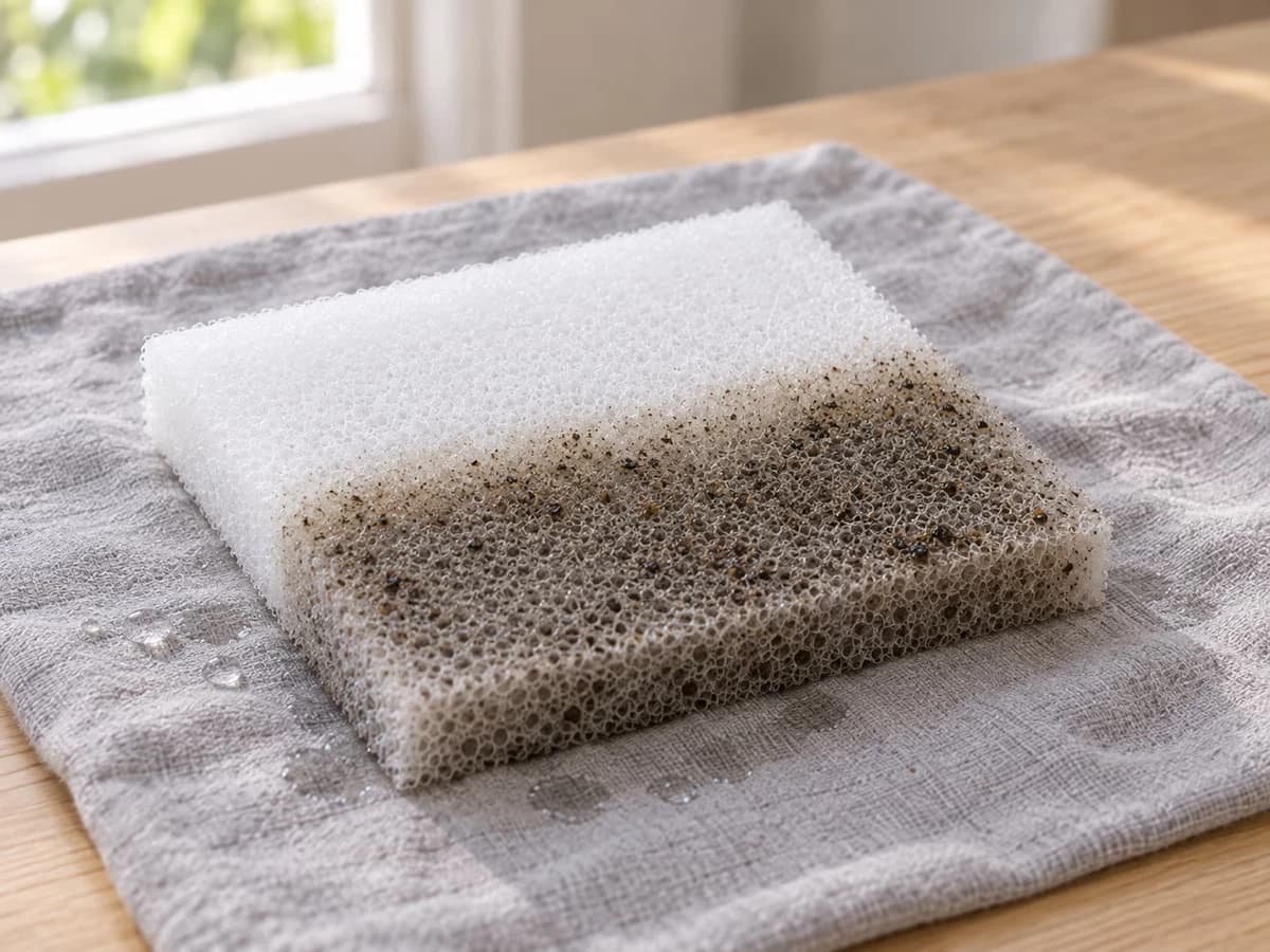 Plaque de mousse blanche sortie d'un filtre, moitié basse salie et bord supérieur encore clair, posée sur un linge