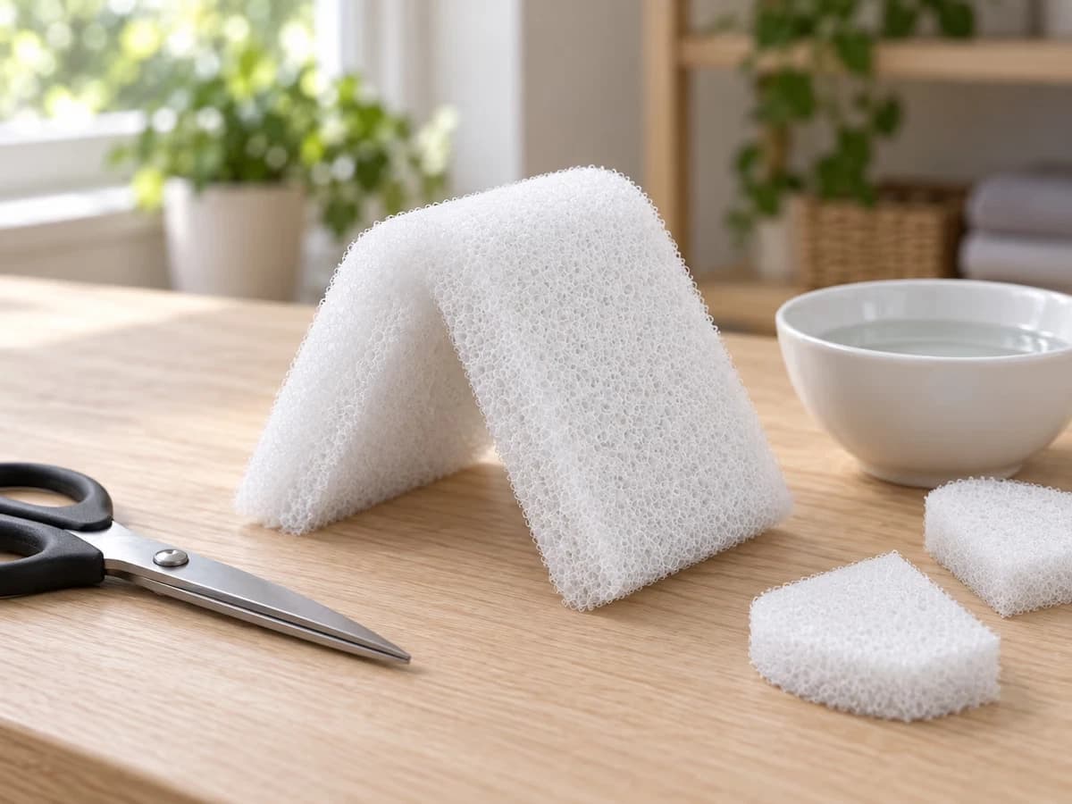 Plaque de mousse blanche pliée en deux sur un plan de travail, courbure visible, ciseaux et bol d'eau du bac à côté