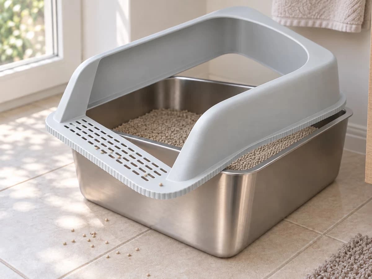 Rebord en inox posé de biais au-dessus de la cuve, marche percée à trois rangées de fentes visible, carrelage clair