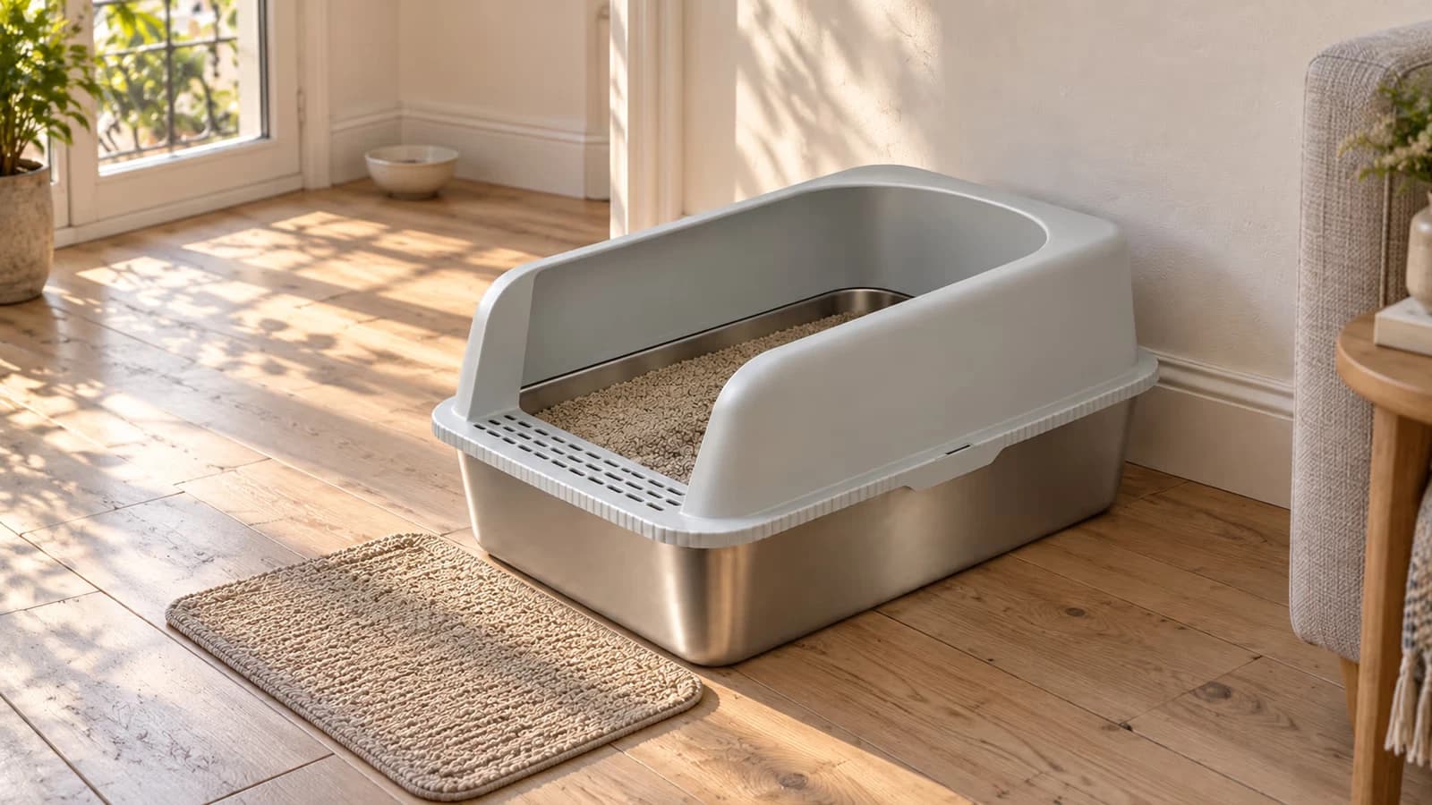 Bac de propreté en inox de grand format posé au sol contre le mur d'un petit séjour, tapis de litière devant, lumière de fin d'après-midi