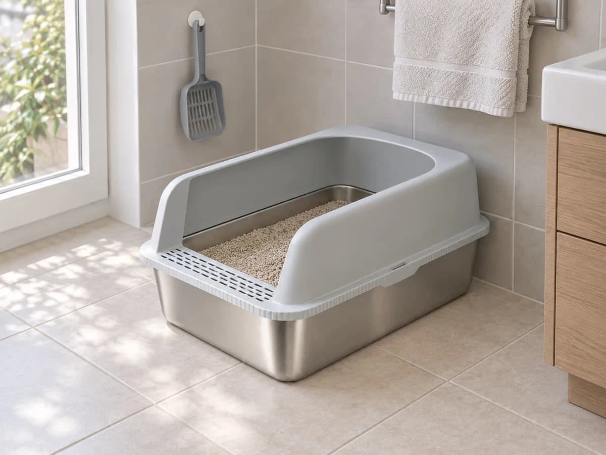 Cuve de bac de propreté en inox posée contre le mur carrelé d'une petite salle de bain, rebord clipsé, pelle suspendue au-dessus
