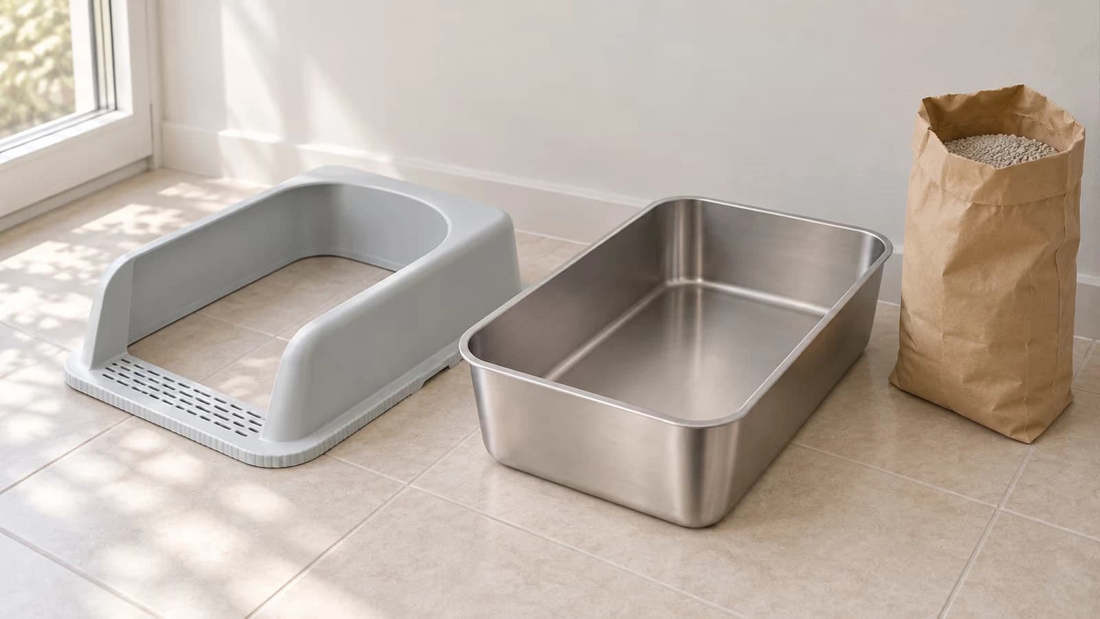 Cuve de bac de propreté en inox grand format sur carrelage clair, rebord gris déposé à côté, sac de litière d'argile ouvert au sol