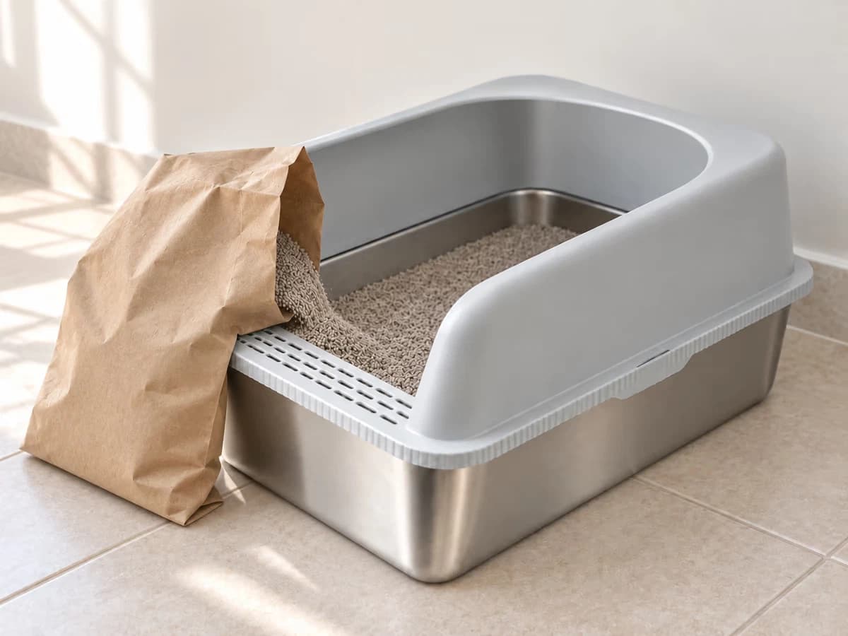 Sac de litière d'argile posé au bord d'une cuve en inox grand format, filet de granulés qui tombe de faible hauteur