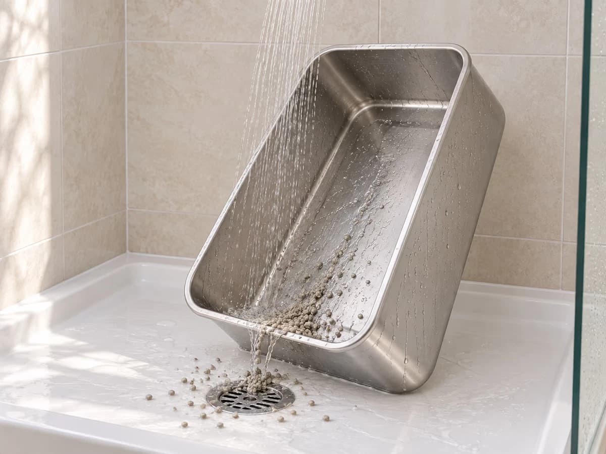 Cuve en inox grand format penchée au-dessus d'un receveur de douche, granulés de litière emportés par un filet d'eau claire