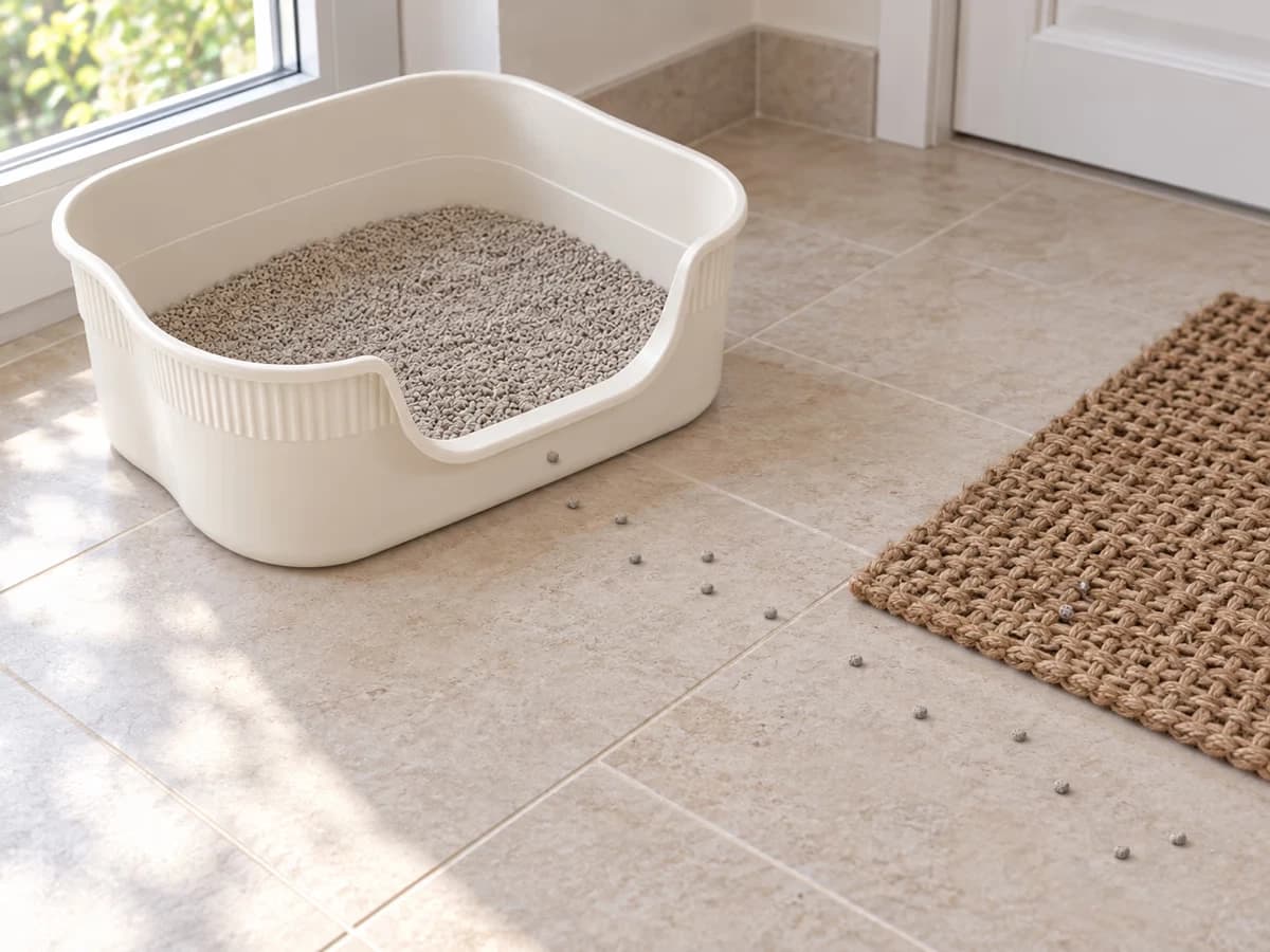 Grains de litière agglomérante isolés sur un carrelage beige, le long du trajet entre un bac de propreté et un tapis à mailles