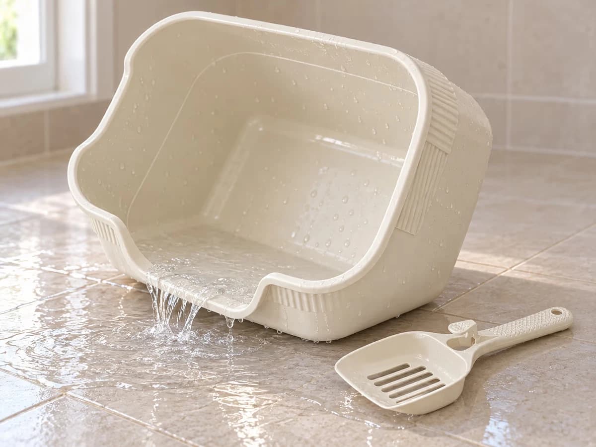 Bac de propreté en plastique retourné au-dessus d'un carrelage clair, eau qui s'écoule du fond, pelle posée à côté sur le sol