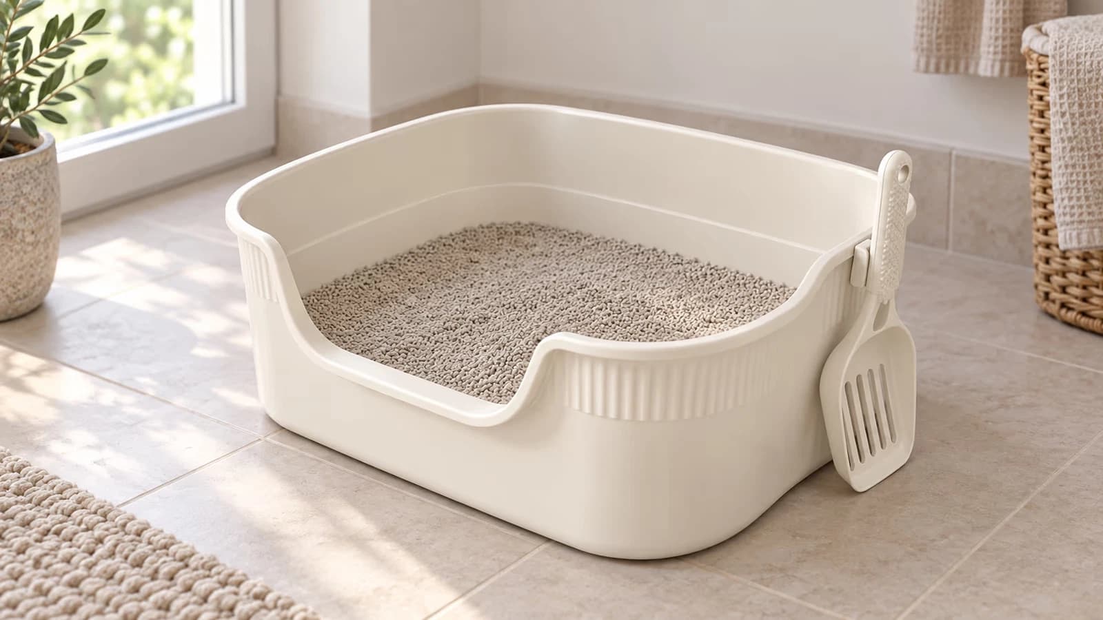 Bac de propreté semi-fermé posé contre un mur de salle de bain, trois parois hautes et litière agglomérante fraîche, pelle clipsée sur le flanc