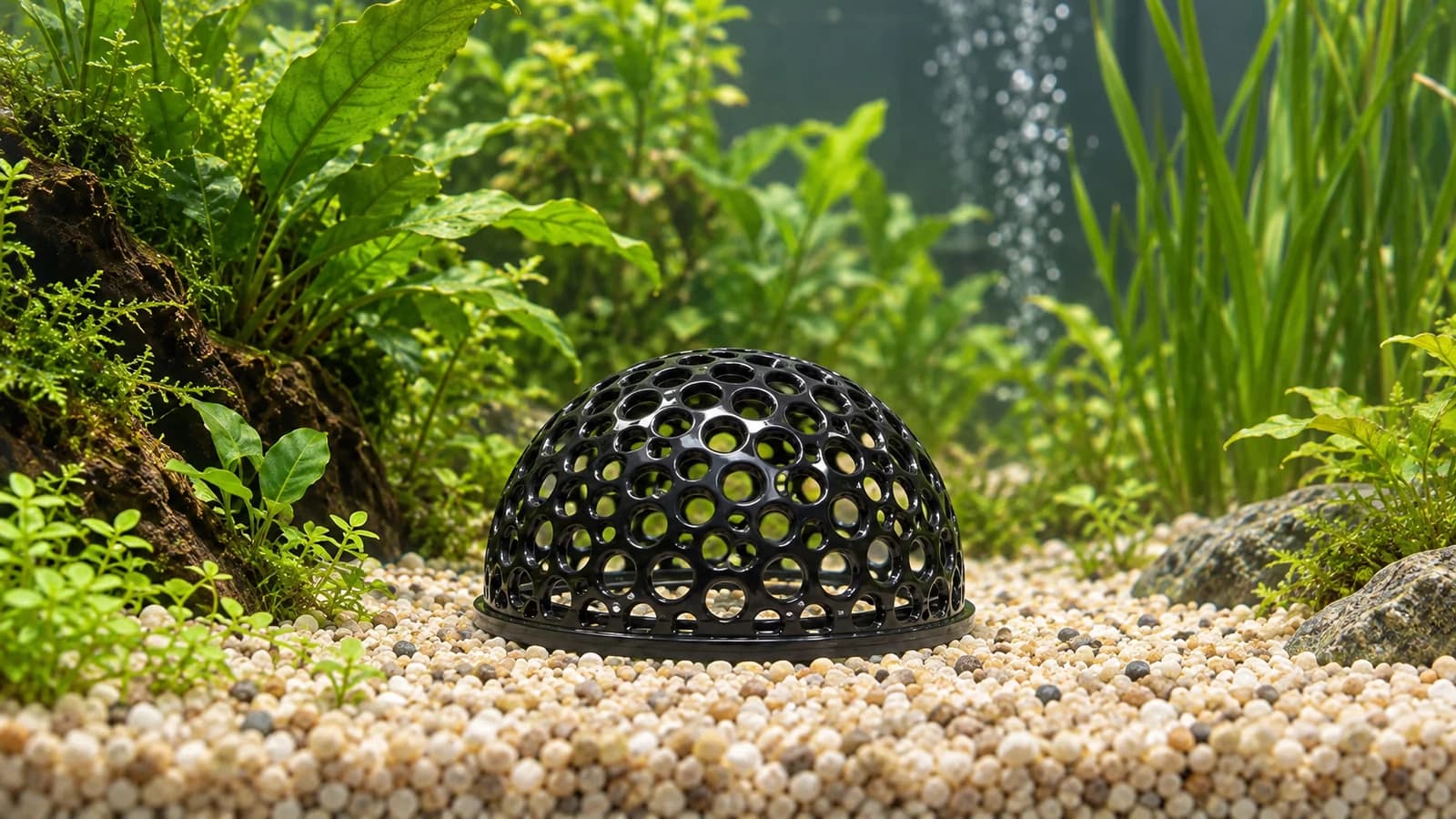 Une demi-sphère noire ajourée posée sur son disque plat au fond d'un bac planté, à l'écart du filet de bulles de la pompe