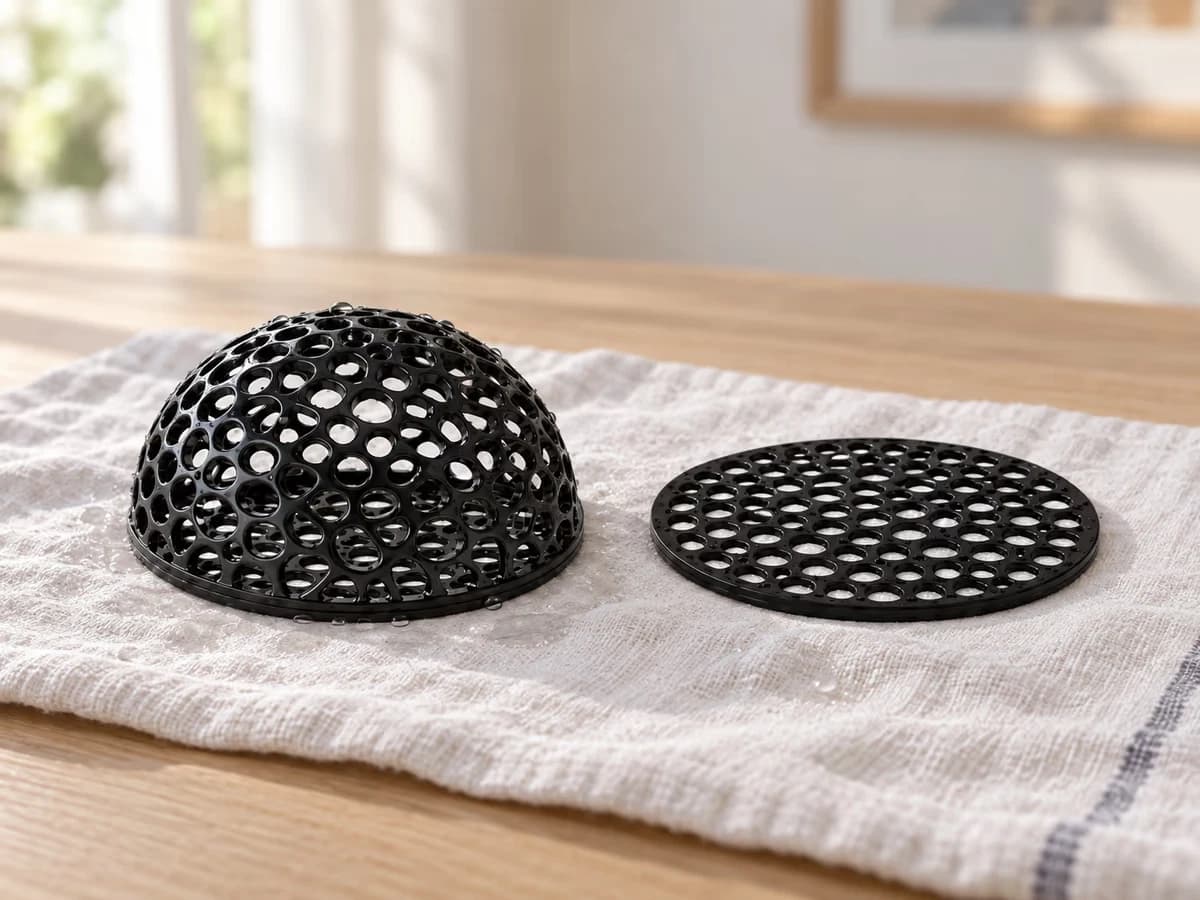 Une demi-sphère noire ajourée et son disque plat posés côte à côte sur un linge clair, hors de l'eau