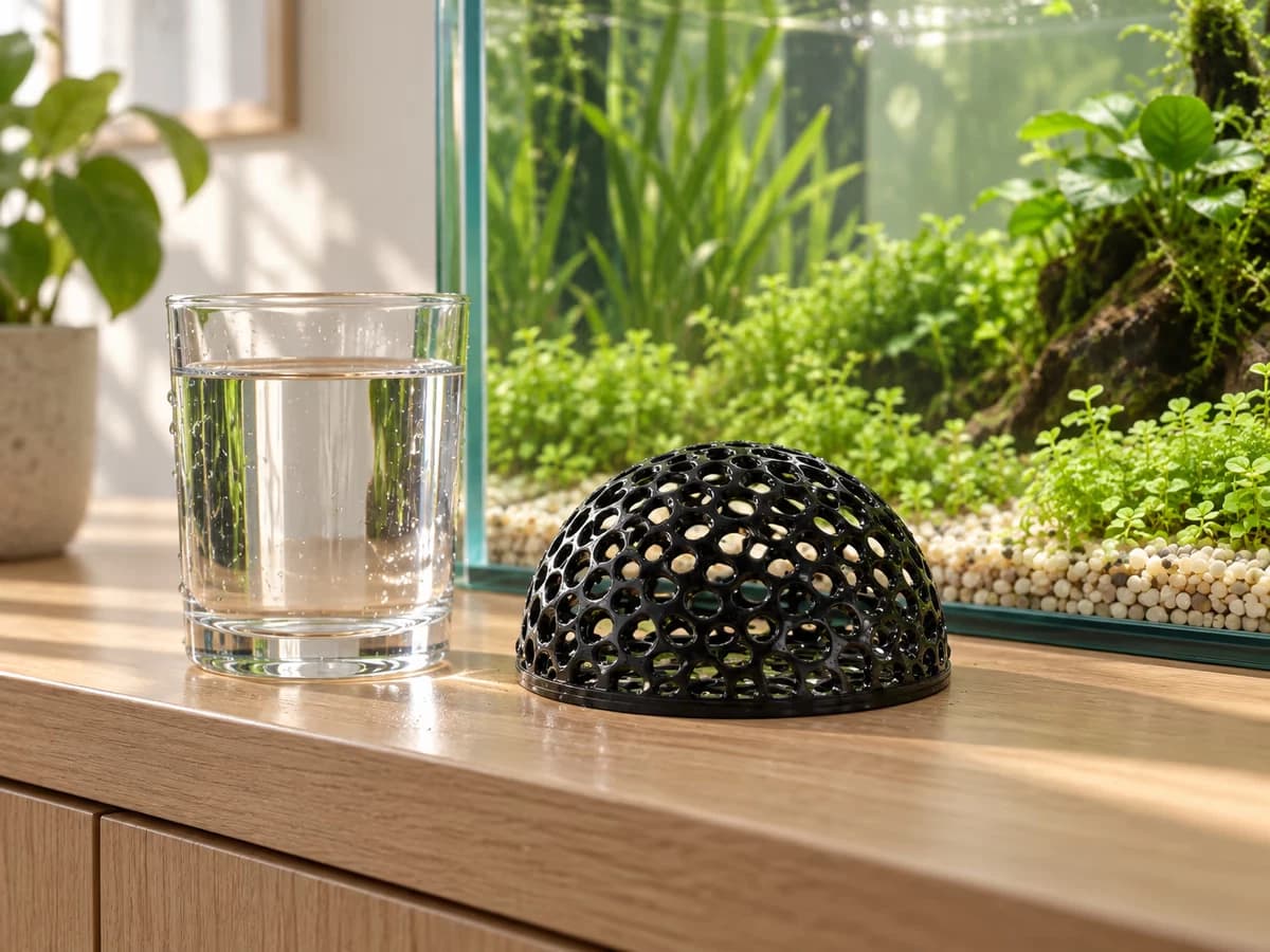 Un verre d'eau prélevée au bac posé à côté d'une demi-sphère noire ajourée, sur le rebord d'un aquarium planté