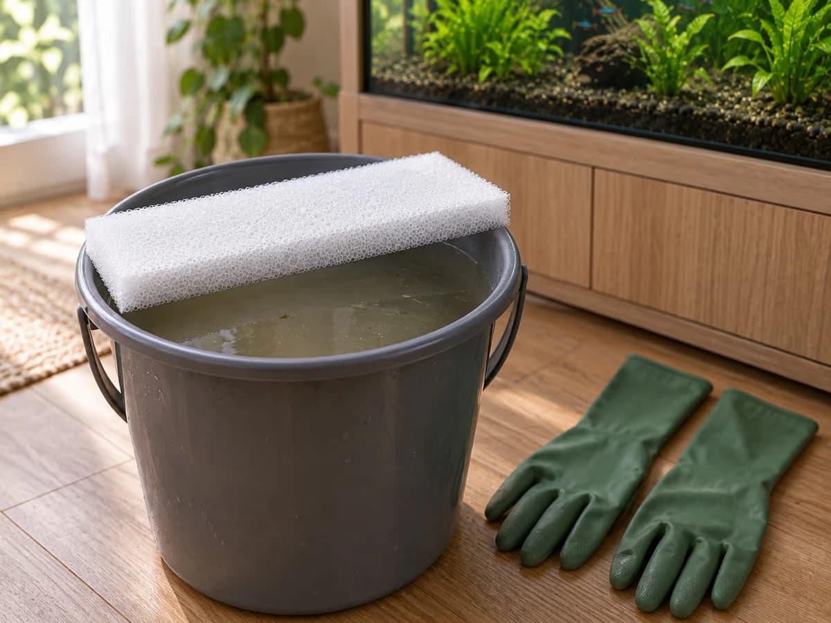 Plaque de mousse filtrante blanche posée au-dessus d'un seau d'eau du bac, gants d'entretien longs posés à côté