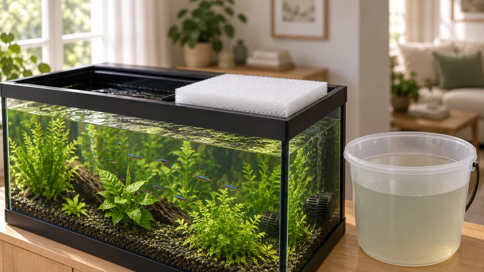 Une plaque de mousse filtrante blanche posée sur le rebord d'un aquarium planté, à côté d'un seau d'eau légèrement trouble