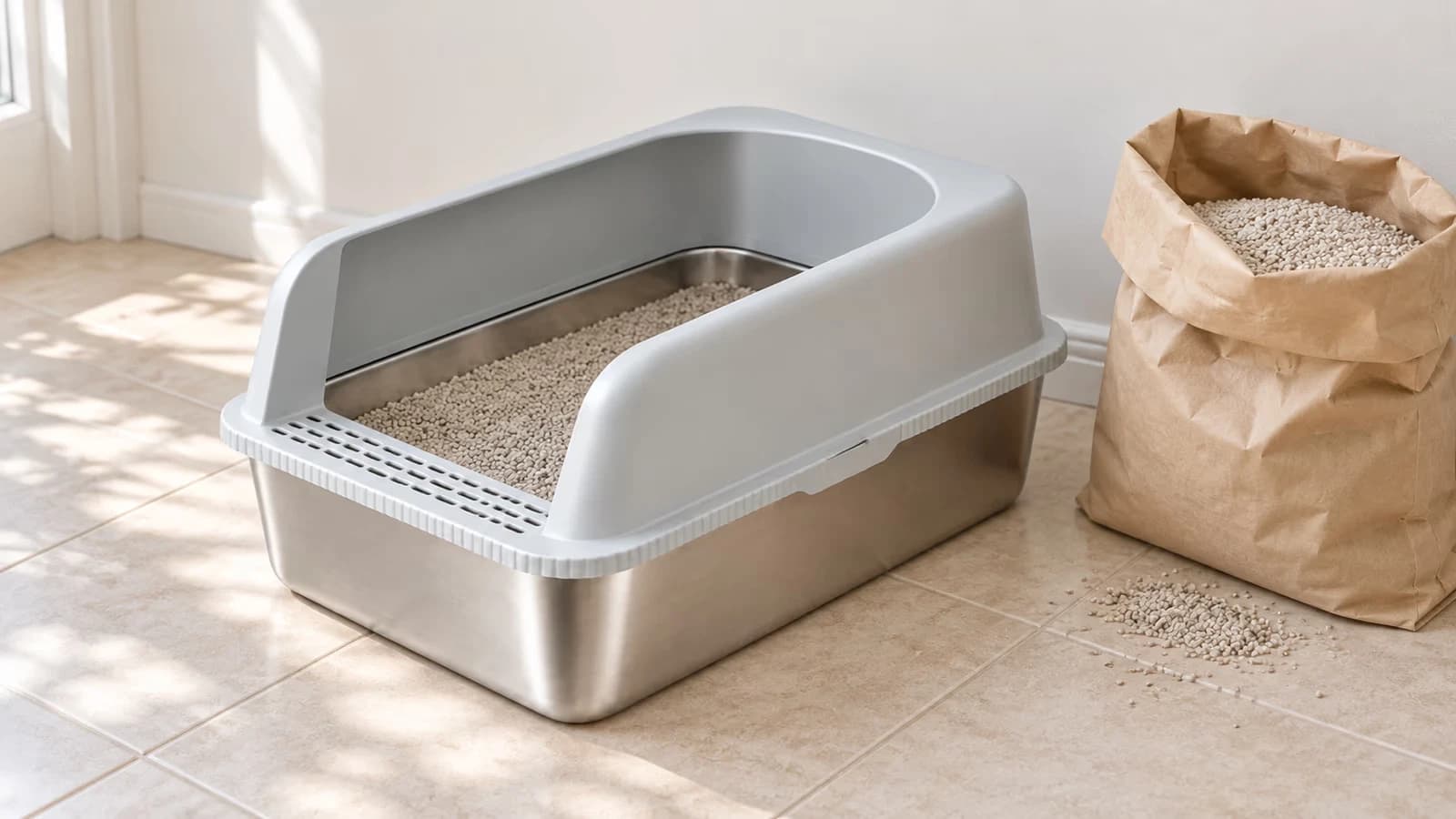 Cuve de bac de propreté en inox 60 x 40 cm posée au sol contre un mur clair, cadre gris clipsé, sac de litière ouvert à côté