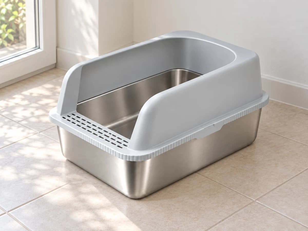Cadre gris clipsé sur la cuve inox, vue de trois quarts montrant la marche percée à l'avant et l'ouverture basse