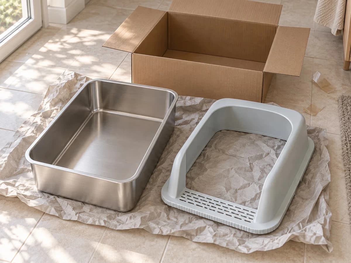 Carton ouvert au sol, cuve en inox et cadre gris déposés à plat côte à côte sur du papier d'emballage froissé